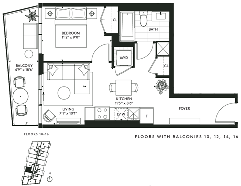 Floor plan for 1 bed, 1 bath, 525 sqft
